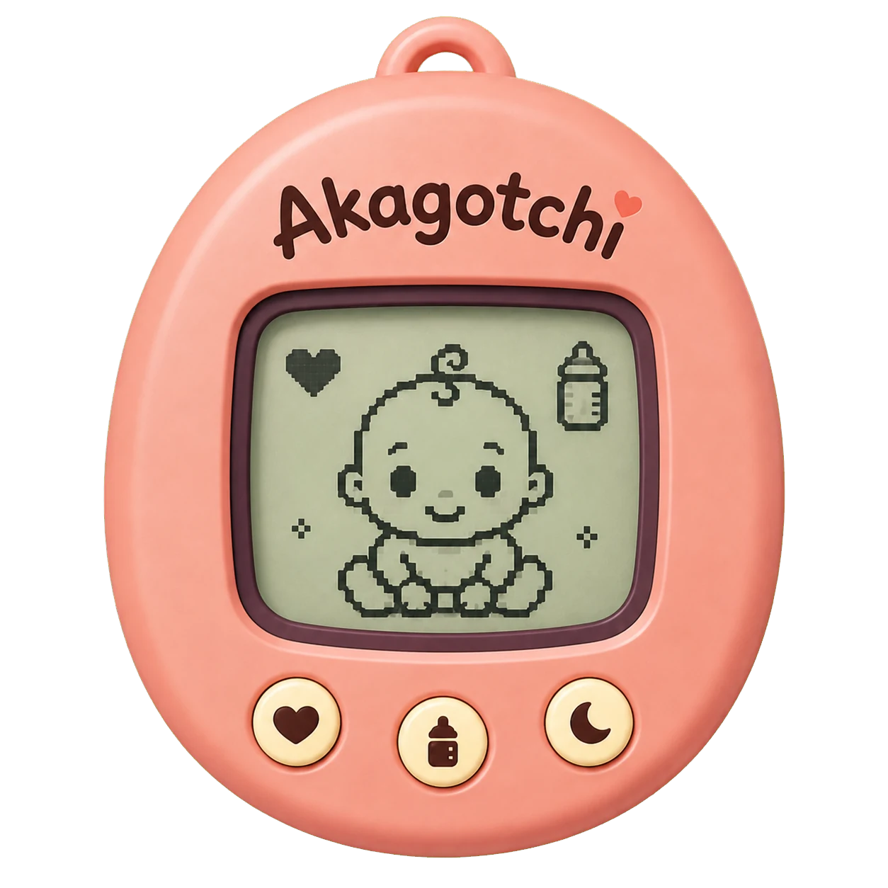 The coral Akagotchi companion showing a pixel baby